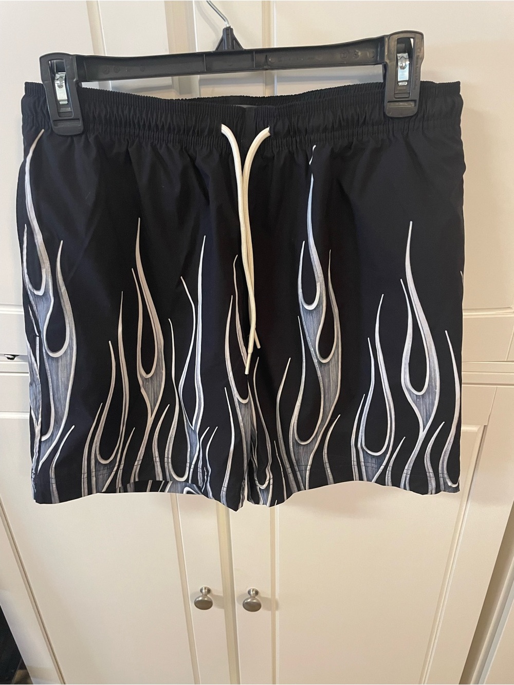 PacSun Black Swim Trunks with Silver Flame Print, men’s size S